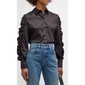 Harshman Juliana Ruffles Cotton Button Front Black Top NWT Size XS